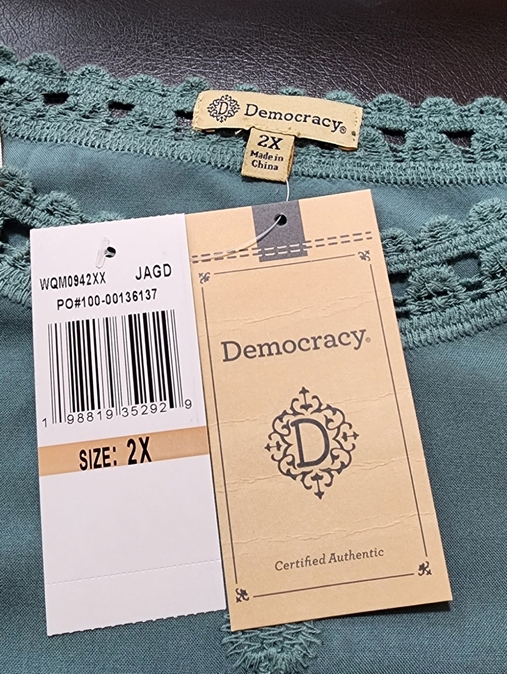 Democracy Embroidered Crochet Lace Boho Blouse Top 3/4 Bell Split Sleeve Size 2X - Picture 3 of 8